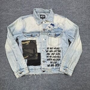 GFTD Los Angeles Denim Jacket Men S Blue Distressed Skull Snake‎ Patch Graphic